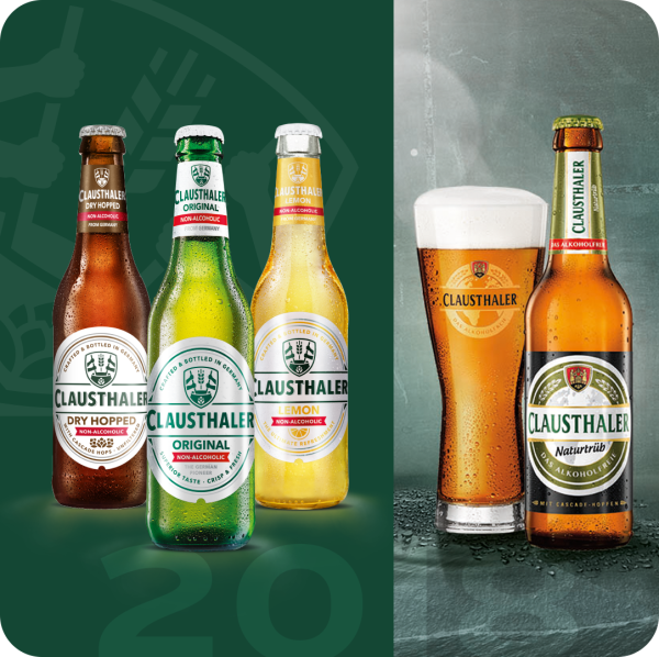 Three bottles and a glass of non-alcoholic beer are displayed against a green background. Each bottle has a distinct label and cap color.
