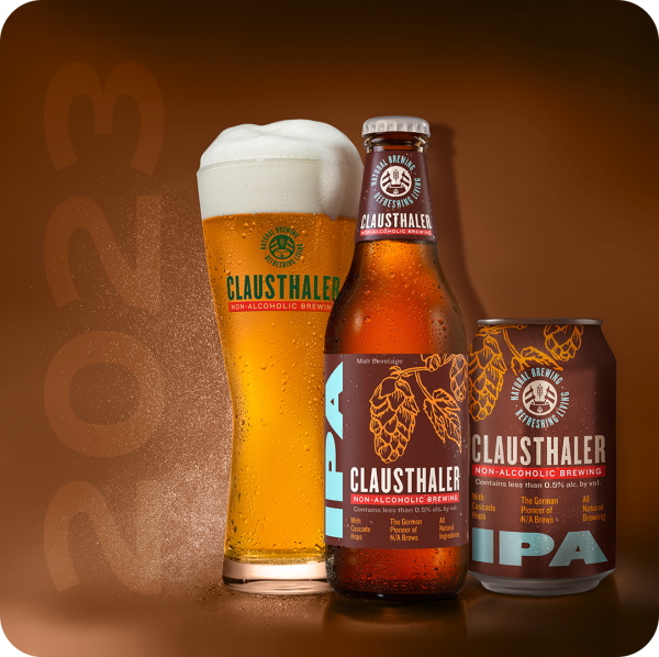 A can and a bottle of non-alcoholic beer are displayed against a split blue and brown background.