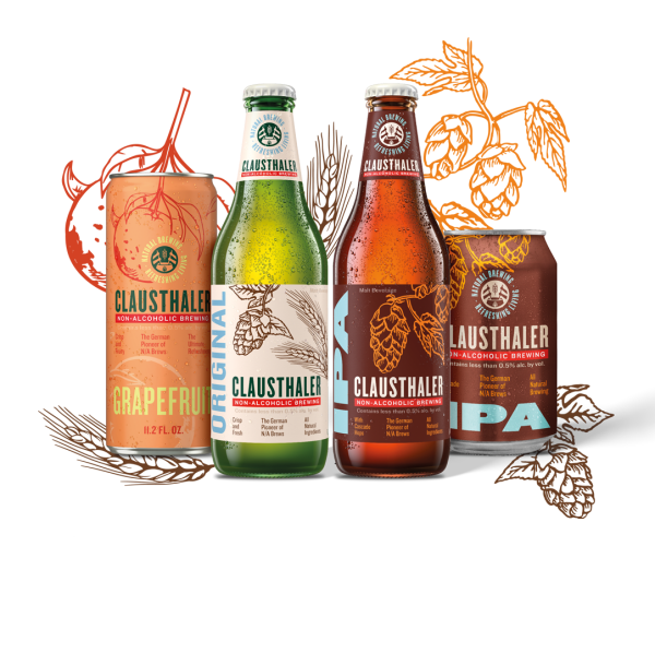 Two bottles of non-alcoholic beer and two cans with colorful labels and hop designs stand before stylized leaves.