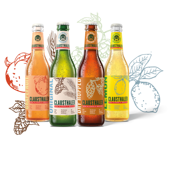 カラフルなラベルとホップのデザインが施された4本のノンアルコールビールが、 stylizedな葉を背景に並んでいます。