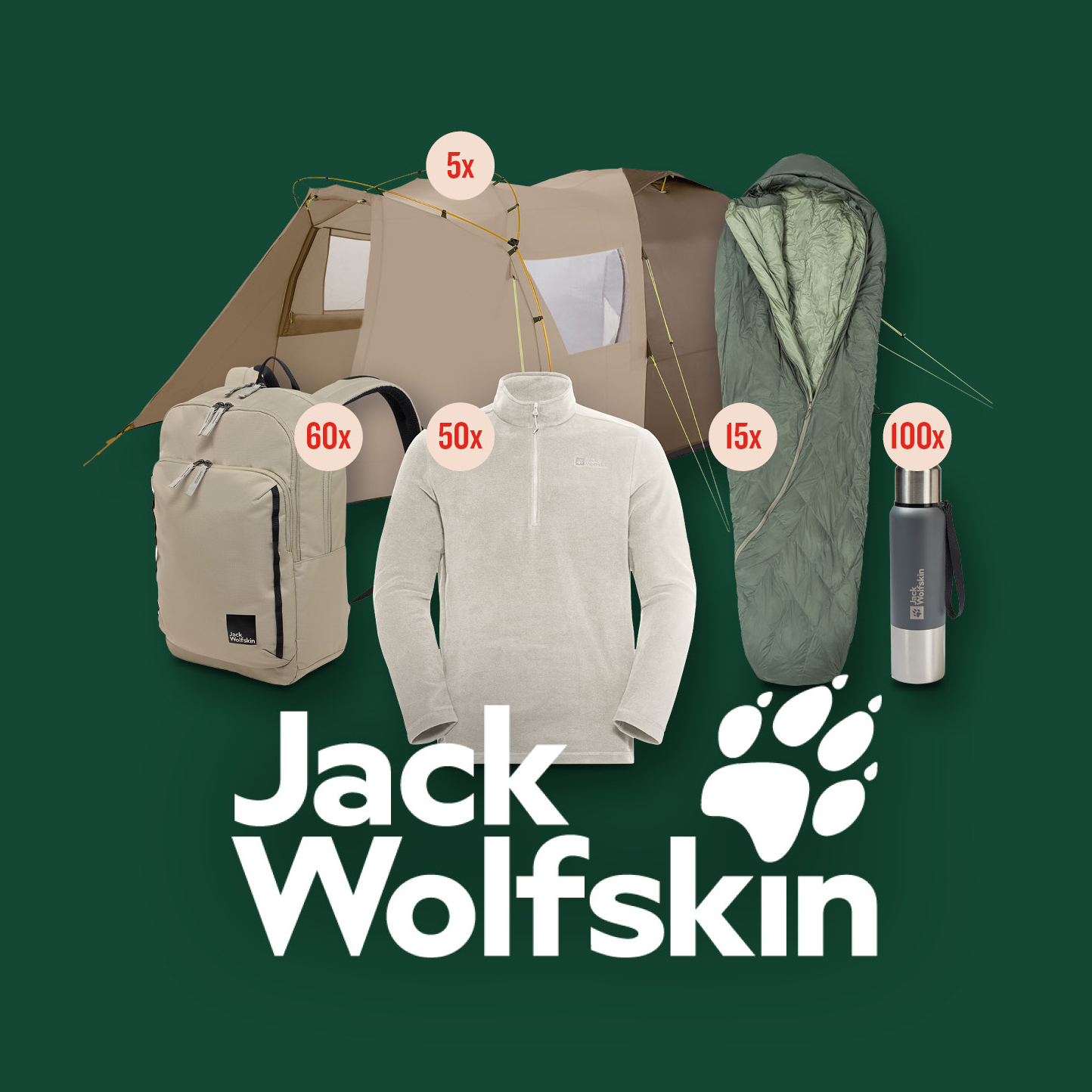 Ein Zelt, ein Schlafsack, eine Tragetasche, eine Jacke und eine Thermosflasche auf dunkelgrünem Hintergrund, mit Zahlen die die Anzahl der Produkte anzeigen, darunter ein Logo von Jack Wolfskin.